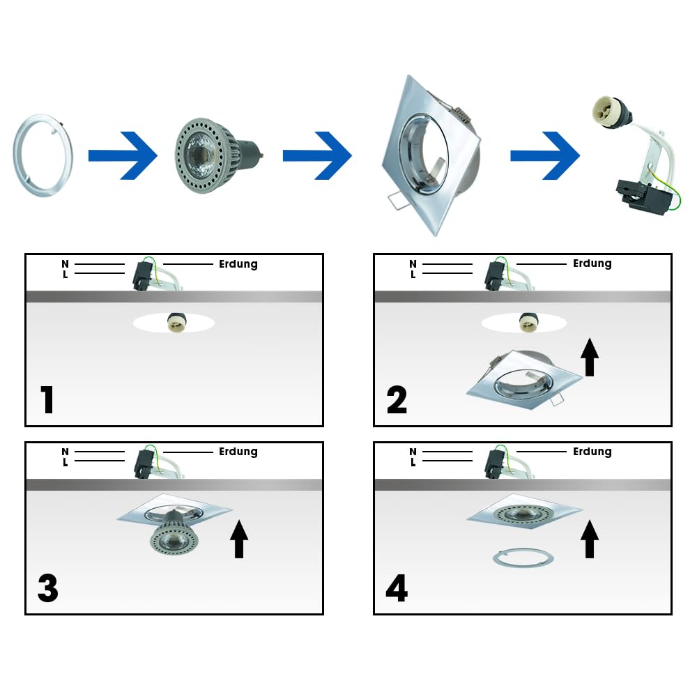 Faretto da incasso a LED Scout GU10, rettangolare, ultra piatto, dimmerabile, orientabile, bianco caldo, 3000 K, IP20, retroilluminato (bianco, set da 5)