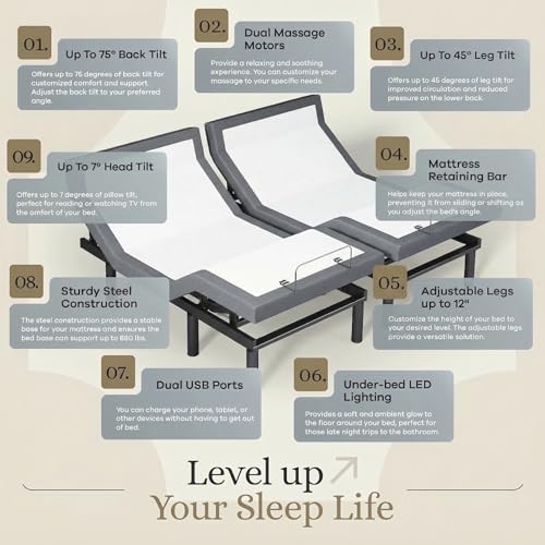 Image of Sven & Son Harmony Adjustable Bed Base, Head and Foot Lift, Massage, Under-Bed Lights, USB, Gel Memory, Zero Gravity Smart Frame - King + 14 inch Hybrid Spring Matt (Medium Soft)