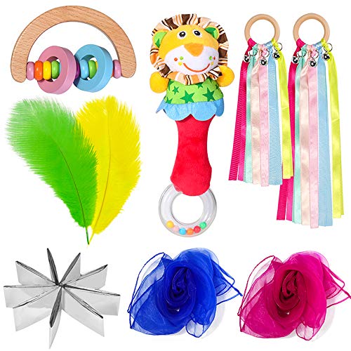 RXYYOS Jouet sensoriels pour bébé Ensemble de Hochet Jouets Foulards de Jonglerie Couverture d'urgence Jouets en Bois Jouet Éducatif Non Toxique avec Boîte Cadeau pour 3 6 9 12 garçons et Filles