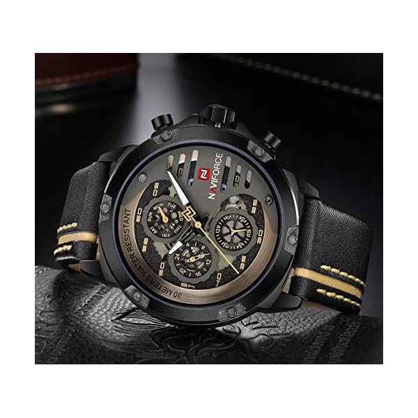 Sport Military Watches for Men Waterproof Watch Analog Quartz Leather Band Date Calendar Clock Wristwatch (Black+Yellow+Brown) - Image 6