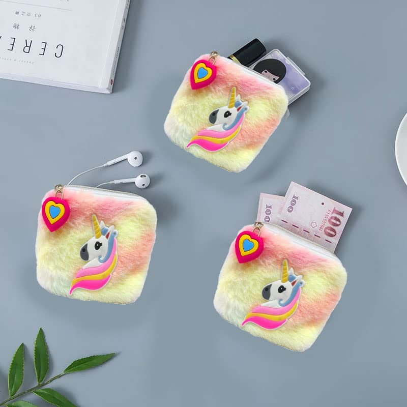 KOBBET® Girls Coin Pouch Unicorn Fur Coin Pouch for Girls Pouch Mini Pouch for Earphone Cards Holder Mini Purse for Girls Unicorn Fur Zipper Closer Coin Pouch Soft and Cute Pouch (Pack of 6) 1
