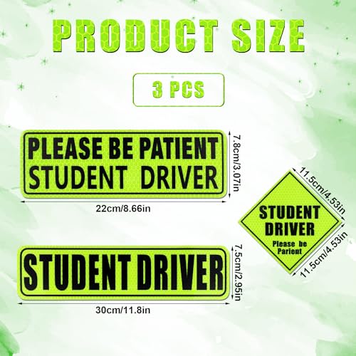 Image of PEUTIER 3pcs Student Driver Magnets, Please Be Patient Student Driver Sticker Reflective Bumper Stickers New Student Driver Magnetic Sign Road Safety Sign for Car (Green), Medium