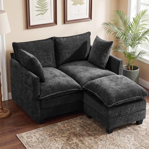 Image of 50 inch Loveseat Sofa with Ottoman, Cloud 2-Layer Cushion & 27 inch Deep Seat, Modern Love Seat Small Couch with 2 Washable Pillows for Small Spaces, Bedroom, Apartment, Office, Living Room, in a Box, Black