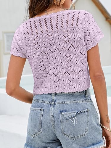 Image of Women's Crochet Shrug Knit Sweater, Short Sleeve Tie-Front Cropped Cardigan | Lightweight Open-Knit Bolero Tops, Cute Boho V-Neck, Styled Over Evening Dresses, Spring Summer Layering, Beach Cover-Up
