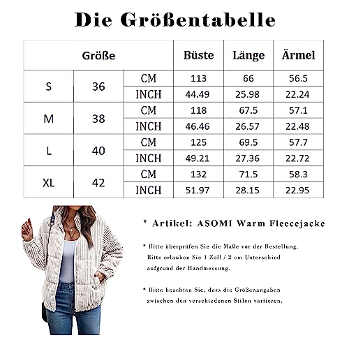 ASOMI Jacke Damen Kuschelige Fleecejacke Übergangsjacke Gefüttert Langarm Reißverschluss Herbst-Wintermantel mit Taschen Beige Medium