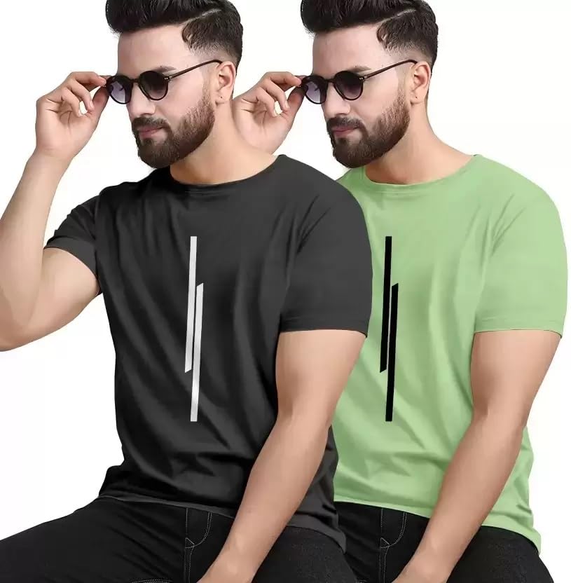 Image of Pack of 2 Men Tshirt, Half Sleeves, Round Neck, Fabric Polyester, 11 Line Theme, Light Weight, Comfortable T-Shirt for Men