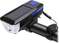 Farol Lanterna LED De Bicicleta Dianteiro Para Guidão Recarregável Com Luz Solar De Efeito Sonoro Alto Sirene Buzina Alto-Falante Com 5 Modos De Som E Cabo Carregador USB Resistente A Água LINHA PREMIUM DUPIN