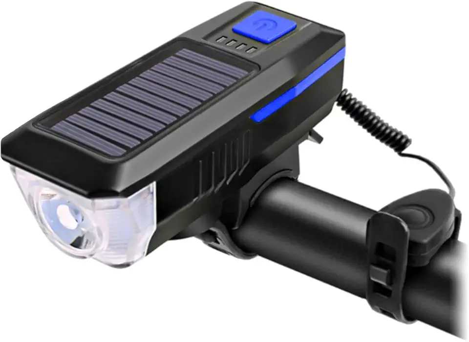 Farol Lanterna LED De Bicicleta Dianteiro Para Guidão Recarregável Com Luz Solar De Efeito Sonoro Alto Sirene Buzina Alto-Falante Com 5 Modos De Som E Cabo Carregador USB Resistente A Água LINHA PREMIUM DUPIN