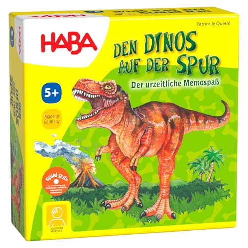 HABA Den Dinos auf der Spur - Spannendes Dino Gesellschaftsspiel für die ganze Familie - Urzeit Memo Kinderspiel mit Holzfiguren - Tolles Mitbringspiel für 2-4 Spieler