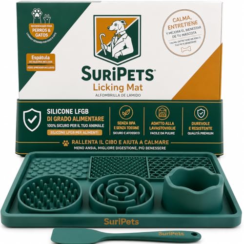 SuriPets Tappetino per leccare cani e gatti con ventose antiscivolo - Licking Mat Calmante - Silicone LFGB di grado alimentare - Alimentazione lenta (Mangiatoia lenta) - con spatola