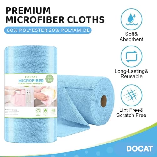 Image of DOCAT Microfiber Cleaning Cloth Roll 25x25 cm, Reusable and Washable Tear-Away Kitchen Towel Roll, Very Soft Cleaning Cloths for Home, Kitchen, Office, Electronics, Car Cleaning (Blue, 50 Pack)