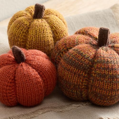 Image of Set of 3 Cozy Mini Knit Pumpkins, Green Gold (Spiced Maple Multi-Size Set) | Fall Table Top Decor, Soft Autumn Home Accents, Thanksgiving Table Setting