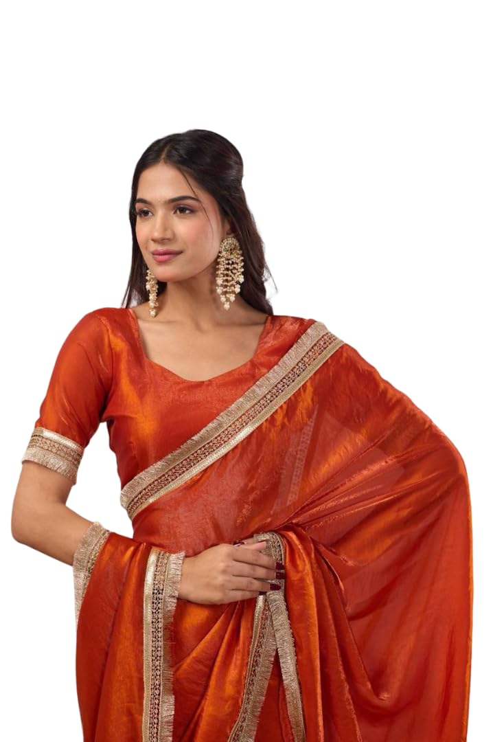 Rust Orange Art Silk Saree with Gold Border & Matching Blouse-image-21