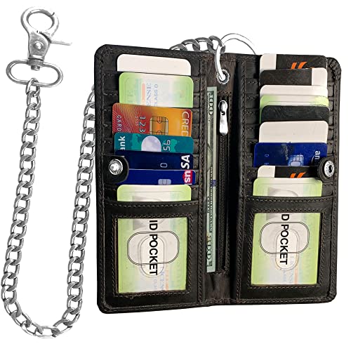 CLASSIC Motorcycle Chain Wallet for Men – Premium Cowhide Leather, RFID Bi-Fold Biker Wallet with Heavy Duty ChainBikers Truckers & Hunters, Credit Card Money Organizer Long Wallet Crazy Horse Brown2