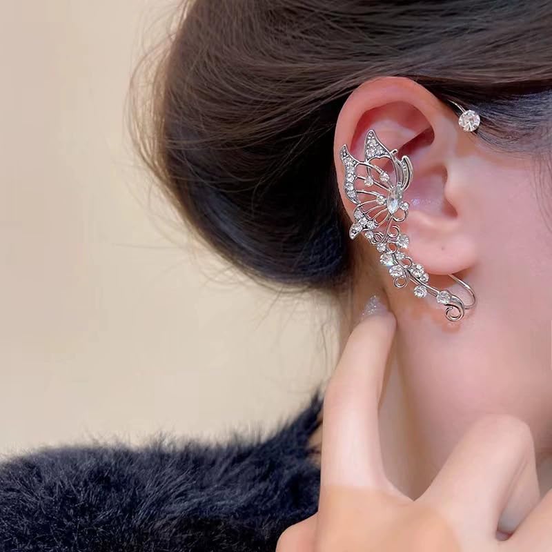 2Pcs Glitter Rhinestone Butterfly Ear Cuff Vintage Non-Piercing Fake Earrings Bridal Wedding Climber Ear Wrap Prom Ball Ear Jewelry for Women3