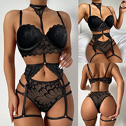 Blingko Erotische Nachthemden Damen, Negligee Babydoll Reizwäsche Set Sexy Lace Spitze BH und String Clubwear Dessous… – Bild 3