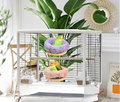 Image of 2Pcs Bird Perch Stand Platform Plush Parrot Hanging Hammock Warm Bird Nest Snuggle Hut Birds Sleeping Bed Wood Perch for Parrot, Budgies, Parakeet, Cockatiels, Conure, Lovebirds-Purple&Pink