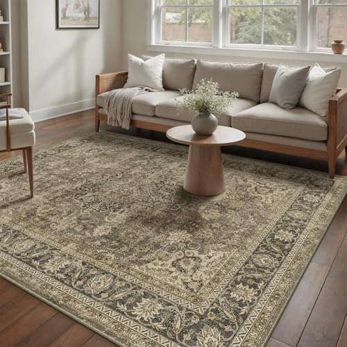 5x7 Washable Brown Vintage Area Rug for Living Room Bedroom Traditional Low Pile Soft Carpet Non-Slip Thin Retro Distressed Accent Throw Rug for Dining Room Office Dorm Kitchen Indoor