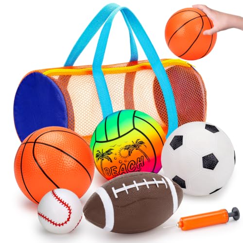 5 Pack Sports Balls for Toddlers 1-3 Outdoor Toys Football Soccer Basketball Baseball with Bag 1 2 Year Old Boy Toys Sport Bouncy Pool Balls Outside Playground Toddler 1-3 2-4 3-5 Birthday Boys Gifts
