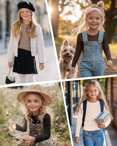 Image of 4 Pack Girls Long Sleeve Shirts Ribbed Knit Cotton Crewneck Tops Slim Fit Soft Casual Kids Base Layer Undershirts