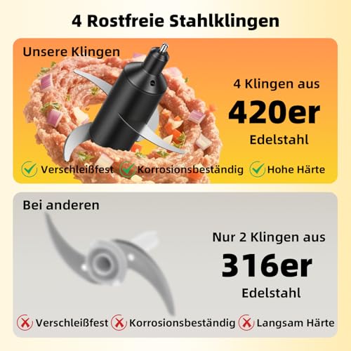 Tritatutto Elettrico - 400W Robot da Cucina con 2 Velocità, 4 Lame a Doppio Livello in Acciaio Inox e Frullino - Boccale 0.95L Staccabile per Tritare, Frullare, Emulsionare e Purea - immagine 4