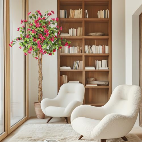 GarveeHome 6FT Artificial Bougainvillea Tree, Tall Potted Fake Tree Indoor, Faux Tree with Wood Trunk and Pink Flowers for Outdoor