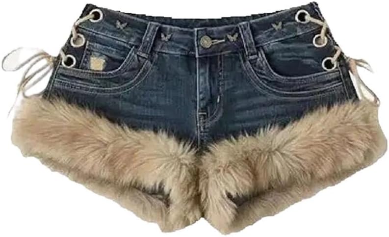 Women's Retro Low Rise Faux Fur Patchwork Coquette Denim Shorts