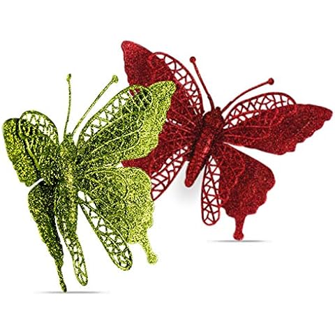 Butterfly Ornaments, Shatterproof Christmas Tree Ornament, Green and Red, Butterfly Decoration Clips for Home, Party, Wedding, Or Holiday Décor (Red & Green) Cover