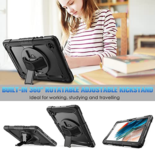Casebot Shockproof Case For Samsung Galaxy Tab A8 10.5 Inch 2022 Model (Sm-X200/X205/X207) With Screen Protector, 360° Rotating Kickstand Rugged Heavy Duty Hybrid Cover W/Hand Shoulder Strap, Black #TOP3