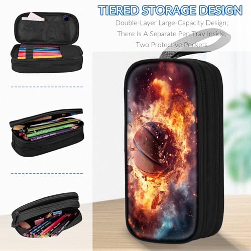 Image of TILYTADLY Large Pencil Case for Boys - Basketball Boys Pencil Pouch with Zipper Compartments - Big Capacity Pen Box Pen Bag Organizer with Keychain for Kids Teens School