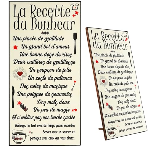Zinello Design – Tableau décoration murale « La Recette du Bonheur » – Cadre en bois 30x15 cm à poser ou à accrocher – panneau mural bois cuisine ou...
