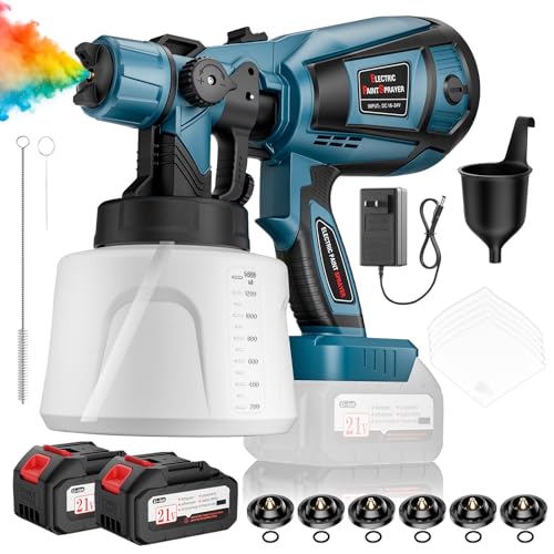 Paint Sprayer, 650W Cordless Electric Spray Paint Gun with 2x4.0Ah Battery, Easy to Clean & Use, 6 Nozzles & 1400ML Container, Paint Sprayer for House Fence Cabinet Wall Ceiling Chair Painting & DIY
