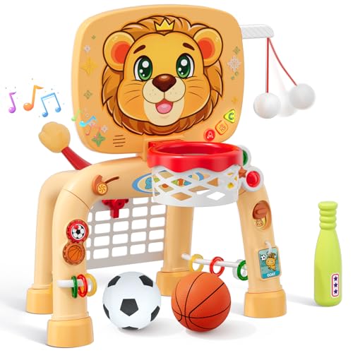 Image of HYES Toddler Basketball Hoop Tball Set & Soccer Goal - Lion Sport Toys for 1 Year Old Boy with Learning Activities (Abacus/Alphabet/Animals Sounds) Christmas Birthday Gifts for Baby Boy Age 1 2 3