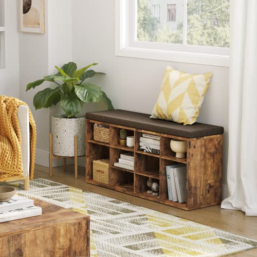 DINZI-LVJ-Shoe-Storage-Bench-with-Cushion-Cubby-Shoe-Rack-with-12-Cubbies-Adjustable-Shelves-Multifunctional-Shoe-Organizer-Bench-for-Entryway-Mudroom-Hallway-Closet-and-Garage-Rustic-Brown DINZI LVJ Shoe Storage Bench with Cushion Cubby Shoe Rack with 12 Cubbies Adjustable Shelves Multifunctional Shoe Organizer Bench for Entryway Mudroom Hallway Closet and Garage Rustic Brown