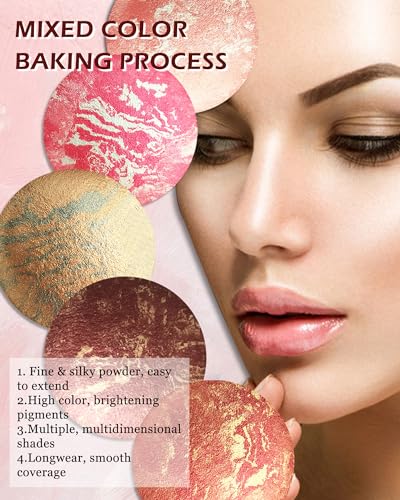 Baked Blush-Brighten Lighting Glow Marbleized Blush Powder Palette, Cruelty-Free Powder Blush, Eyeshadow & Highlight for a Lightweight Shimmery Satin Face Makeup, Gift for Women (0.49Ounce)-01#Peachy - Thumbnail 5