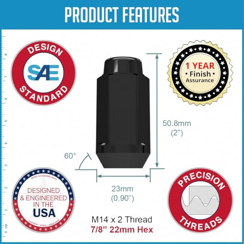 Image of Wheel Accessories Parts 32 Pcs M14x2 Thread Bulge Acorn 2.00 inch Long Lug Nuts Black Chrome 22mm 7 /8 inch Hex Fits Ford Excursion F250 F350 Super Duty