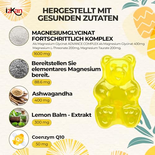 Magnesiumglycinat-Gummibärchen 1600 mg zuckerfreies Magnesiumpräparat mit Ashwagandha, Zitronenmelissenextrakt und CoQ10 für eine ruhige Stimmung und Muskeln, Schlafunterstützung 60 Gummibärchen (1)