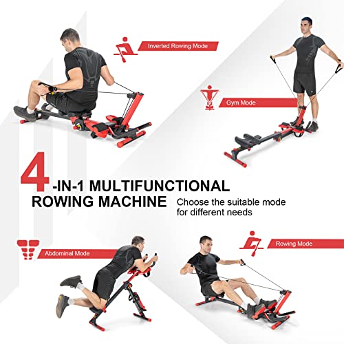 Goplus 4 in 1 Folding Rowing Machine, AB Crunch Workout Machine w/3-Level Angle & Adjustable Tension, Control Panel, Multi-Function Rower AB Fitness Equipment for Home & Gym Use - Image 3