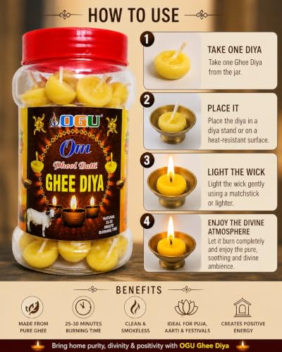 Image of Om Phool Batti Ready to Use Pure Cow Ghee Diya Cotton Wicks-2 Jar of 100Pcs