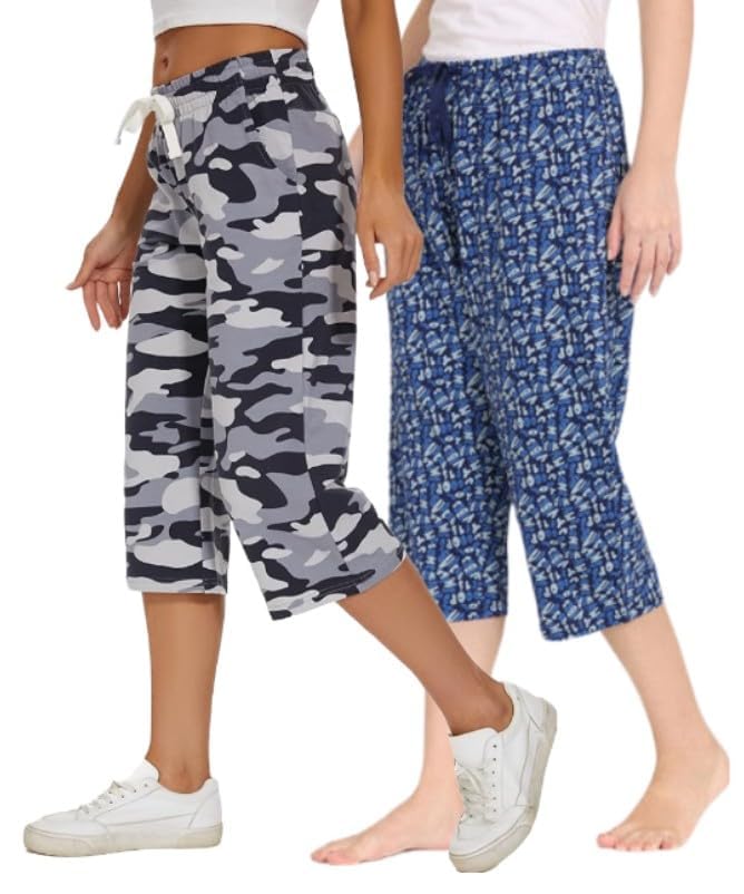 kunjus Women's Casual Printed Spun Capris Loose Fit with Drawstring Waist, Pack of 2 (Prints and Colors May Vary)-picture-17