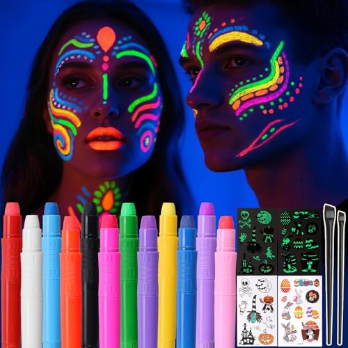Beesjuy Luminosas para Pintura Facial, 12 Colores UV Fluorescente Pintura Cara Niños Hipoalergenica, UV Crayones Para Halloween Mardi Gras Carnaval Fiestas De Disfraces