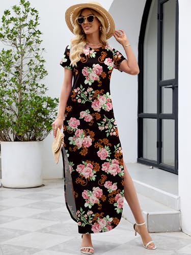 Image of Heymoments Womens Summer Maxi Dress Short Sleeve Casual Loose Long T Shirt Split Vacation Beach Sundress with Pockets