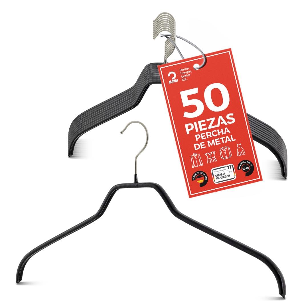 MAWA Perchas, Set de 50 Perchas Ahorra Espacio y Antideslizantes, Ideales para Camisas y Blusas, Gancho Giratorio 360°, Revestimiento Antideslizante, 45 cm, Negro