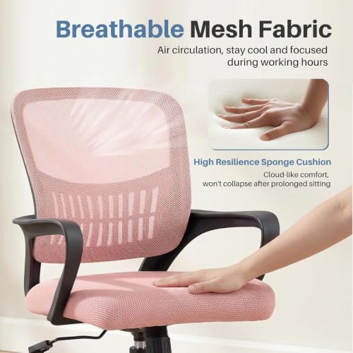 Image of DUMOS Home Office Chair, Ergonomic Lumbar Support Desk Chair | Mid Back Mesh, Height Adjustable Fixed Armrest, Rocking Mode 360 Swivel, Conference Computer, Pink