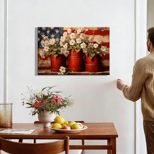 Image of Rustic 4th of July Patriotic Flower Pots Canvas Wall Art - Large Framed US Flag Poster Painting, Independence Day Wall Decor for Living Room Bedroom or Holiday Celebrations