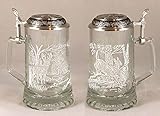 JAMES MEGER GLASS WHITE TAIL DEER STEIN, Etched German Glass Beer Stein w/ Pewter Lid, Made in Germany