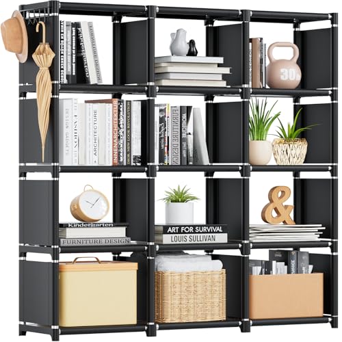 Mavivegue Bücherregal mit 12 Fächern Regal Standregal Büroregal Würfelregal DIY Bücherregal für Wohnzimmer Schlafzimmer Büro Kinderzimmer Schwarz 30.5X 124 x 120 cm (B x H x T)