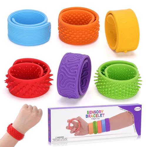 HOMQYTE 6 PCS Fidget Slap Bracelets Toys for Kids Adults Textured Silicone Bracelet Sensory Toys for Autism Anxiety ADHD Calm Down Corner (Multicolor 1, 6 Pcs)