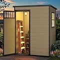 DWVO 5x3FT Outdoor Storage Shed, All-Weather Resin Plastic Storage Shed with Windows, Slanted Roof, Raised Floor, 65 cu.ft Capacity for Garden Tools & Equipment, Ideal for Backyard & Garden, Brown