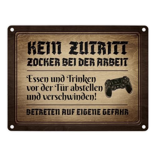 trendaffe – Zocker bei der Arbeit Metallschild en Holzoptik con controlador motivo zocken Game en diferentes tamaños, 15x20 cm